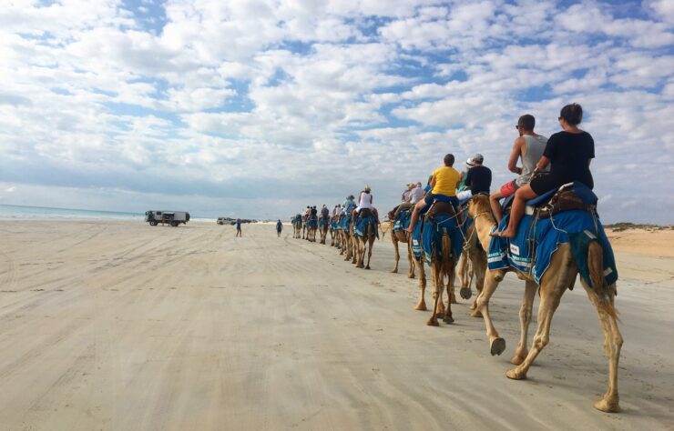 people-riding-camels-beach-against-cloudy-sky people-riding-camels-beach-against-cloudy-sky